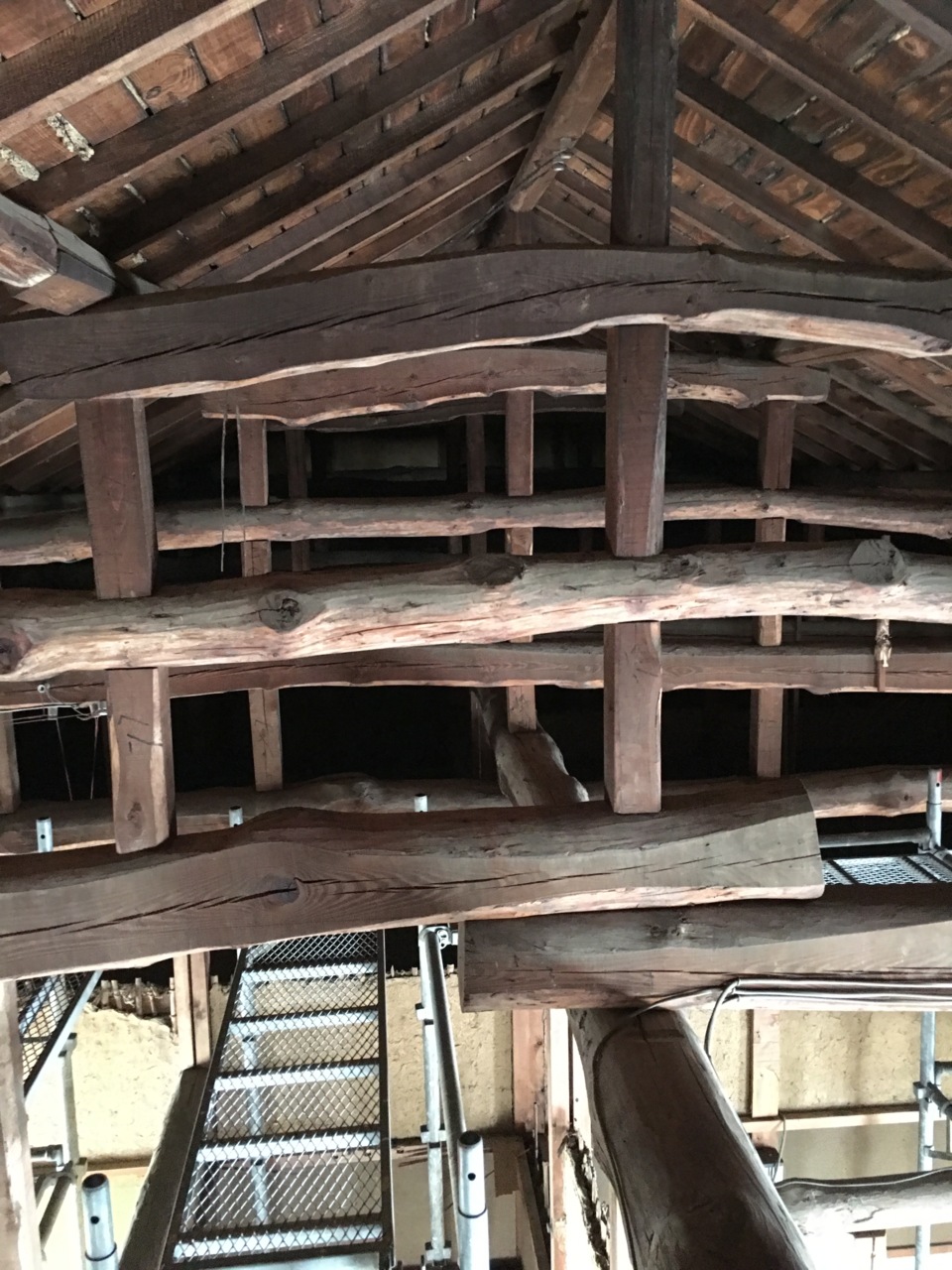 内部に足場を組んだので、小屋組丸太が近くなったー